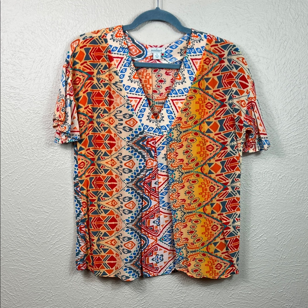 Sundance Boho Orange Multicolor Allover Print Short Sleeve V-Neck Top Small